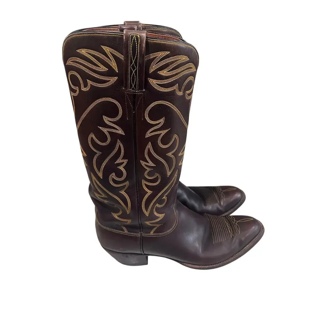 Vintage Lucchese Men’s 12 Espresso Smooth Leather Western Boots Round Toe USA